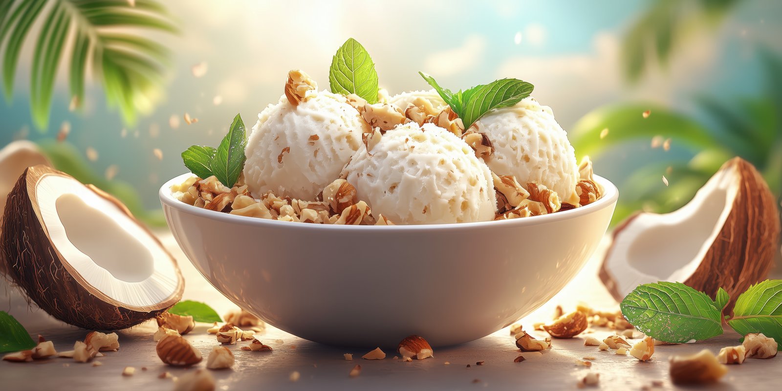 Enjoying a delicious coconut dessert with mint and nuts in a tropical setting during a sunny day